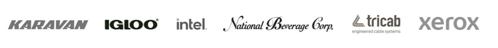 Karavan, Igloo, Intel, National Beverage Corporation, Tricab, and Xerox logos
