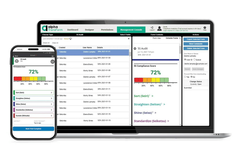 Alpha TransForm 5S Audit interface shown on a smartphone and laptop with compliance scores and form management.