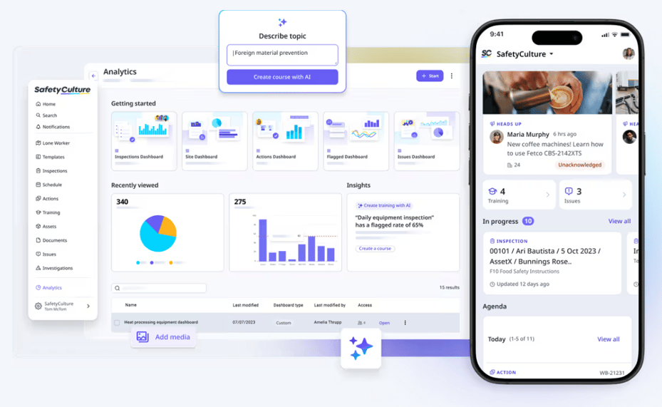 SafetyCulture platform showing the Analytics dashboard on the web and the inspection and action tracking views on the mobile app.