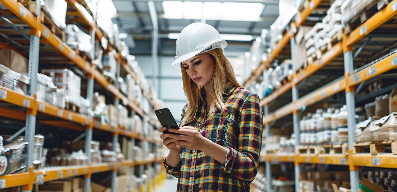 Woman on a white protective hat reviewing a checklist on her phone between warehouse storage shelves.