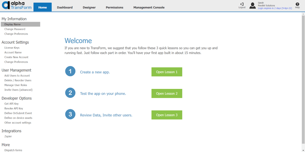 Alpha TransForm welcome screen showing three onboarding lessons, account settings, and user management options.